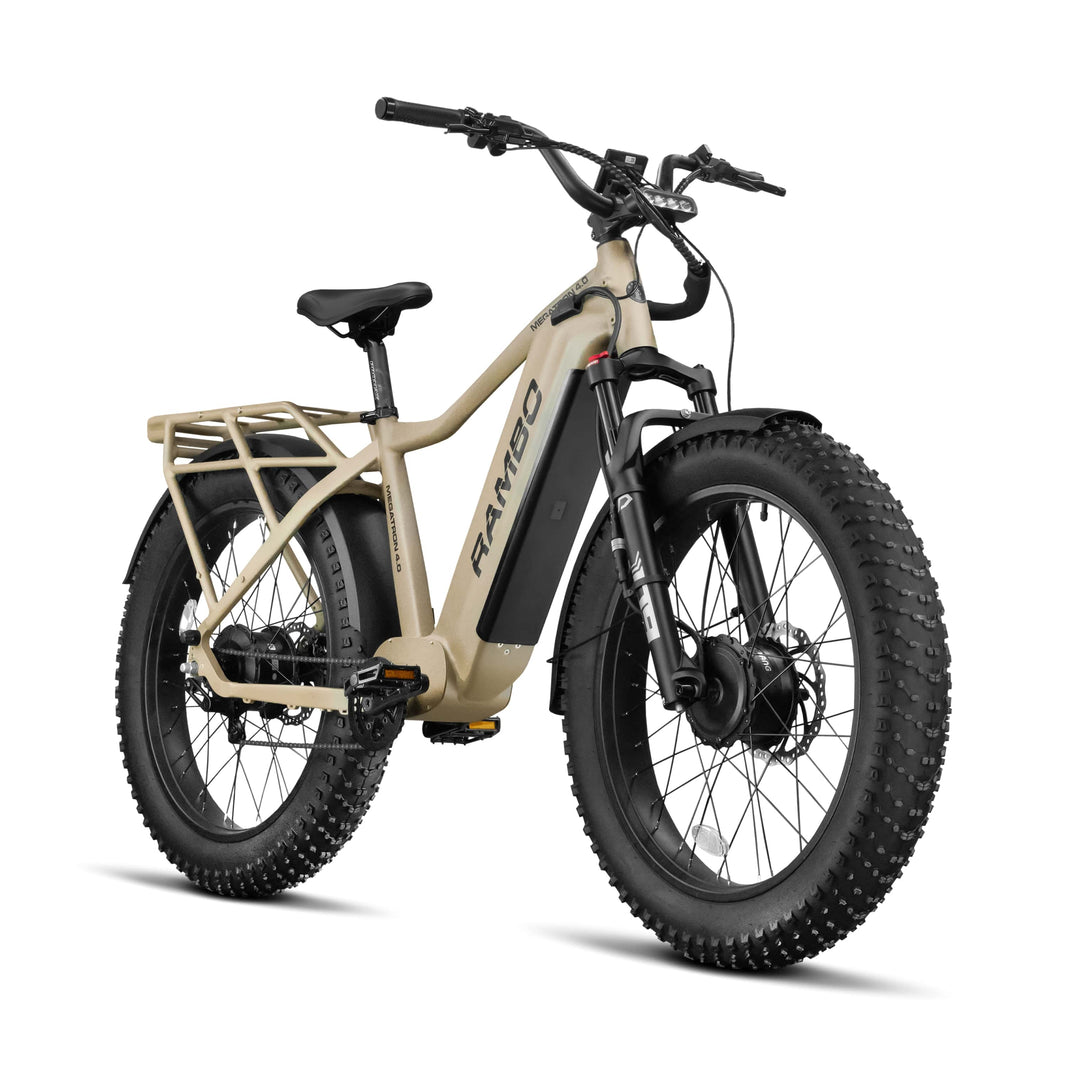 Rambo Megatron 4.0 AWD electric hunting bike — switchable all-wheel-drive with 4.8-inch tires for deep mud and snow