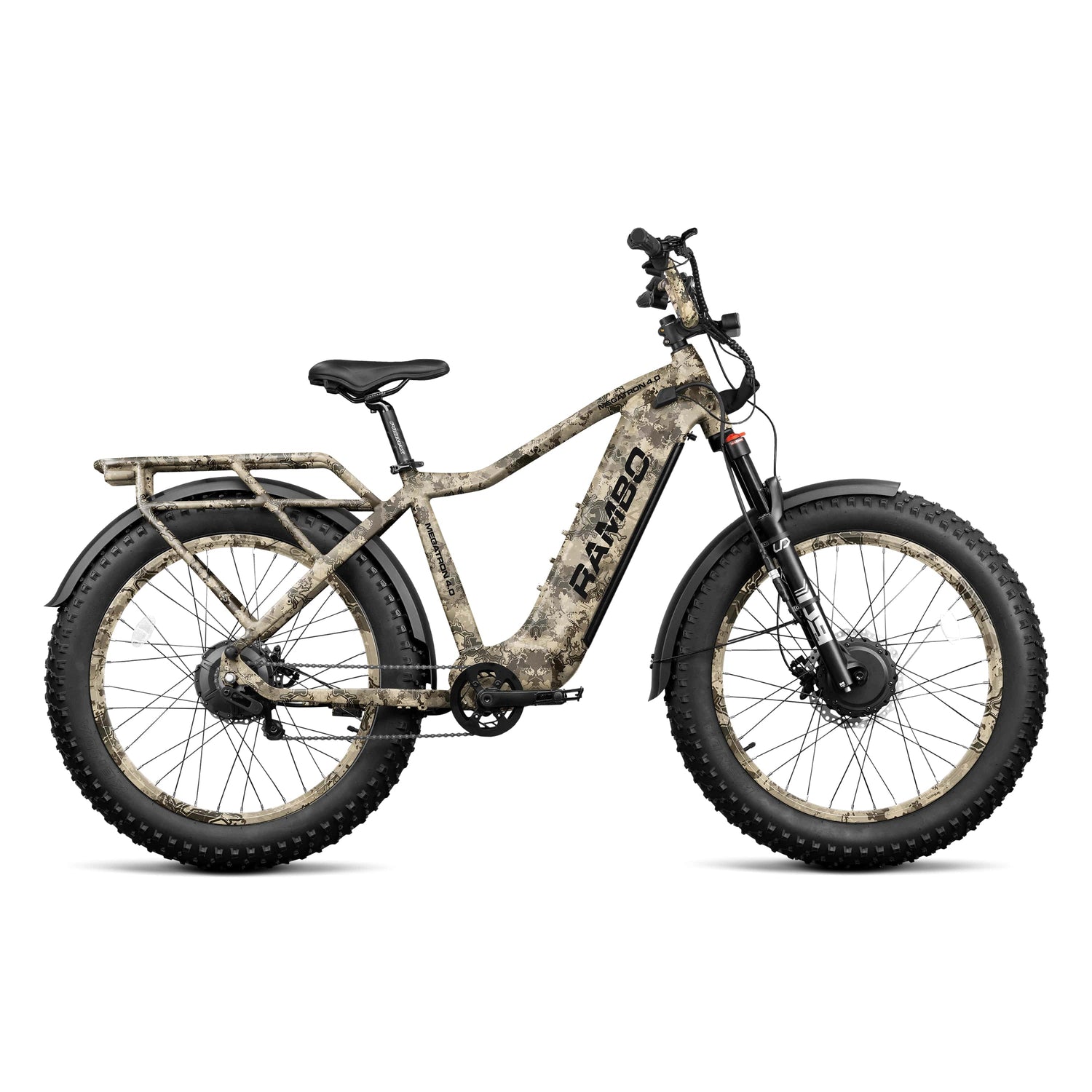 Rambo Megatron 4.0 AWD electric hunting bike — switchable all-wheel-drive for mud, snow, and sand